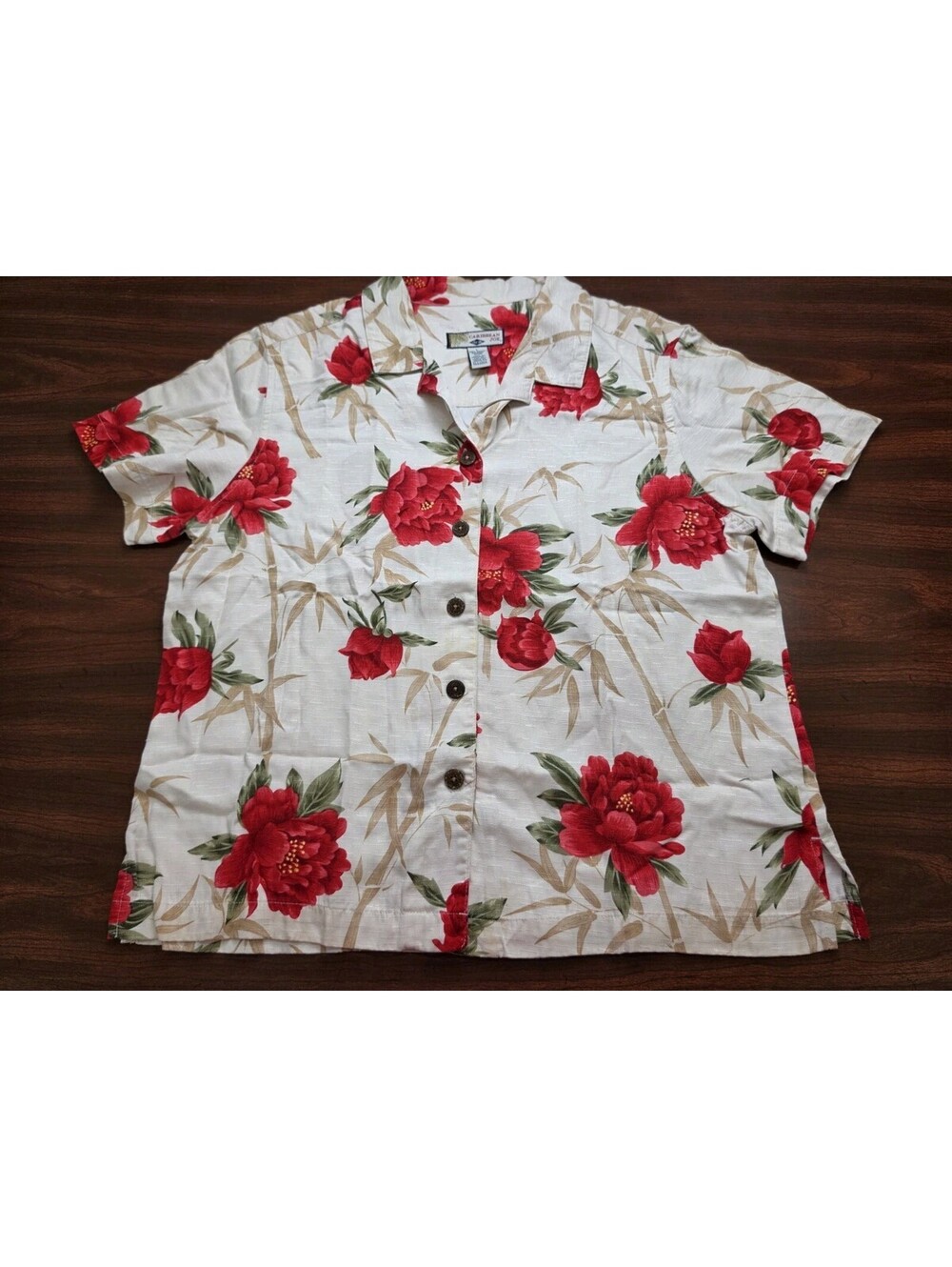 Caribbean Joe Red Floral Tropical Camp Shirt Large Short Sleeve Boho Button Down